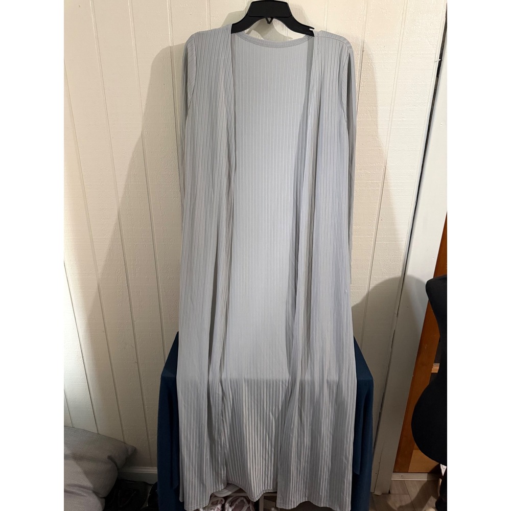 Womens Light Gray Ribbed Longline Duster Cardigan Open Front Long Sleeve Large